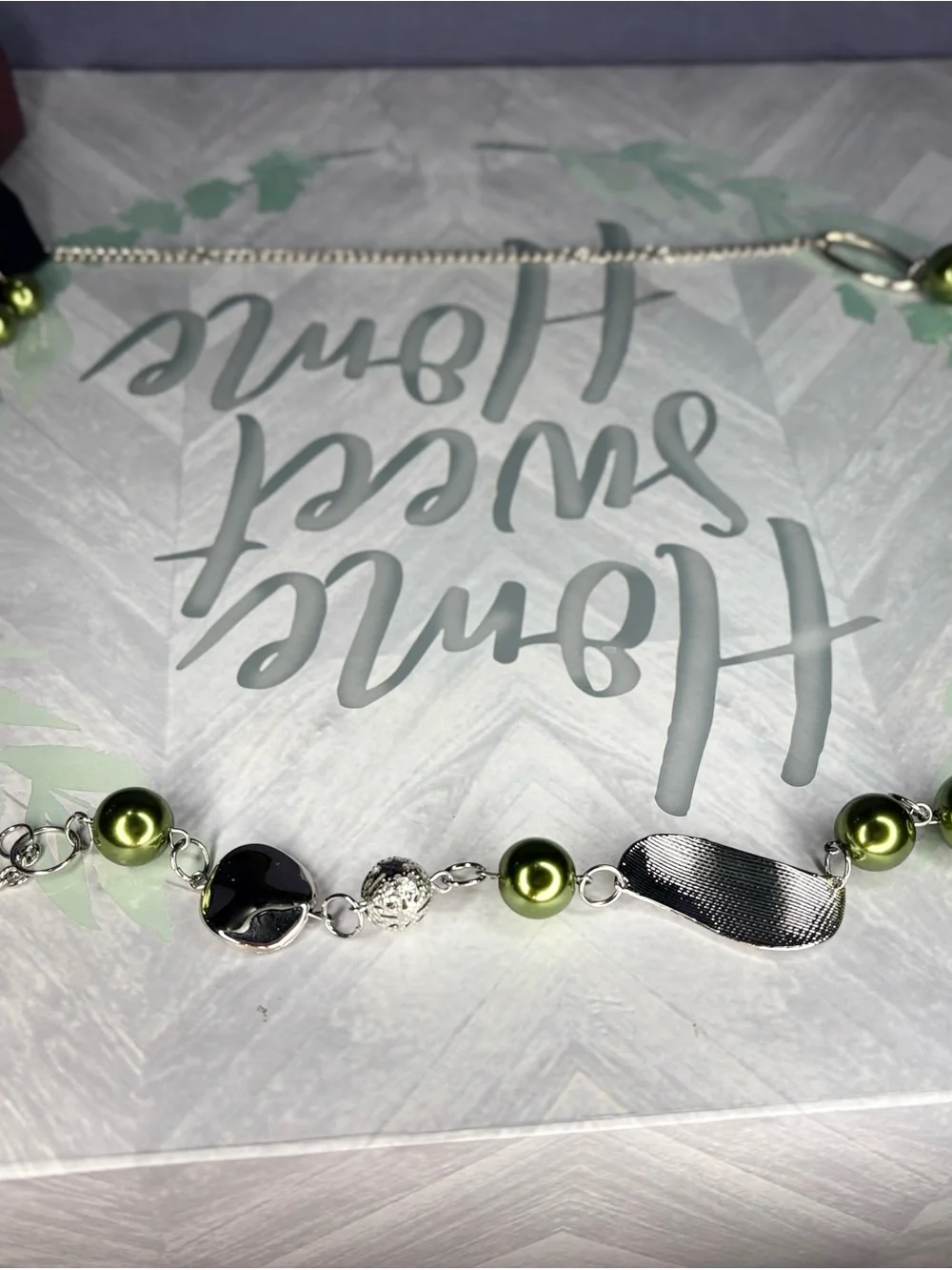 Paparazzi Green Pearl & Silver Link Statement Necklace & Earrings Set